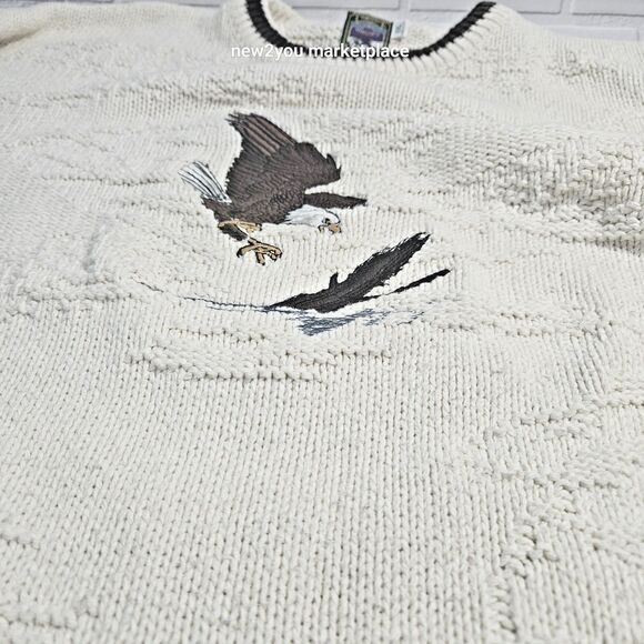 Vintage 90s Bald Eagle Chunky Knit Made N USA XXL Sweater Traverse Bay woolen co - Picture 2 of 11
